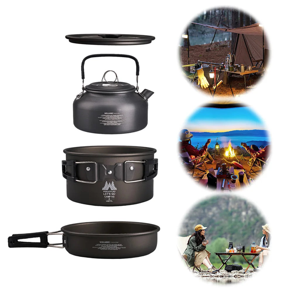 3Pcs Lightweight Cooking Pot with Water Kettle Tableware for Outdoor Camping