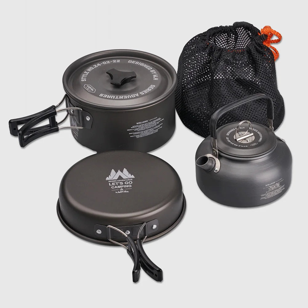 3Pcs Lightweight Cooking Pot with Water Kettle Tableware for Outdoor Camping