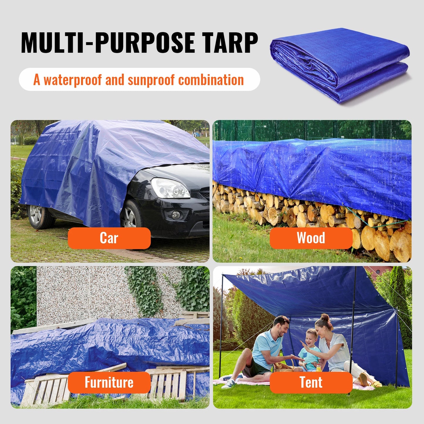 VEVOR Heavy Duty Tarp 16 Mil Thick Waterproof Tear Proof Poly Plastic Tarps Cover Multi-Purpose Outdoor Tarpaulin for Truck