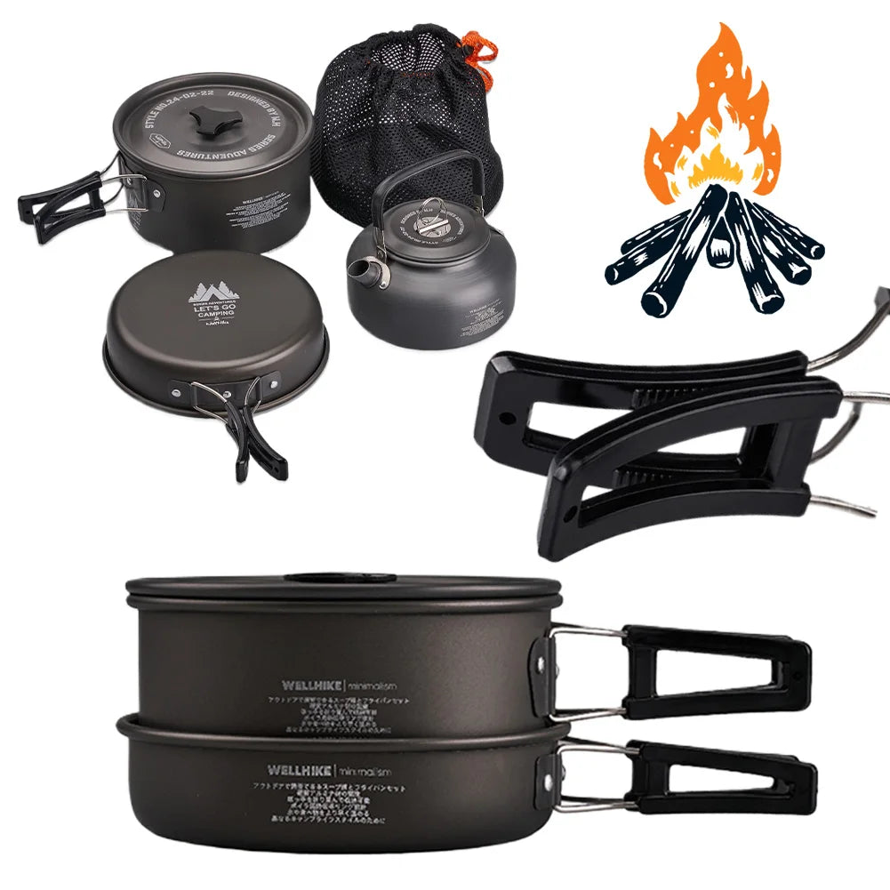 3Pcs Lightweight Cooking Pot with Water Kettle Tableware for Outdoor Camping